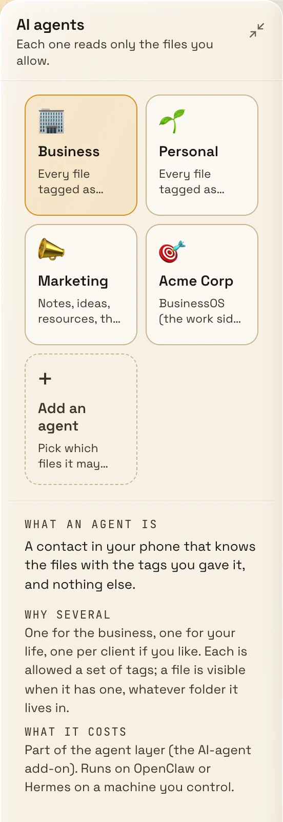 The agent panel in the demo: a Business agent for every file tagged as business, a Personal agent, a Marketing agent for notes, ideas and resources, and an Acme Corp agent for one design partner, plus Add an agent. Below: an agent is a contact in your phone that knows the files with the tags you gave it, and nothing else, running on OpenClaw or Hermes on a machine you control.
