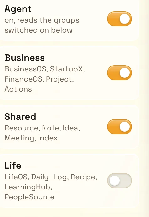 The scope switches for the Business agent in the demo: Agent on, Business on, Shared on, Life off. Each switch is a set of tags.